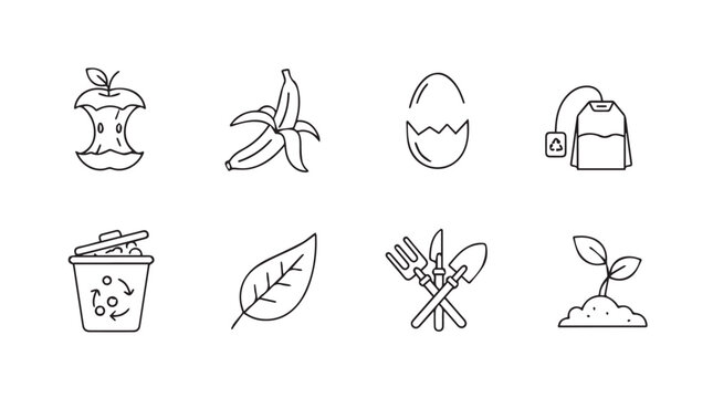 Composting icons collection apple scraps banana peels eggshells tea leaves plant sprout garden waste vector