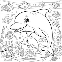 Obraz premium Dolphin family coloring page. Adorable cartoon sea animal illustration. Happy parent dolphin and a baby dolphin swimming with a school of fish. Fun printable activity sheet for kids.