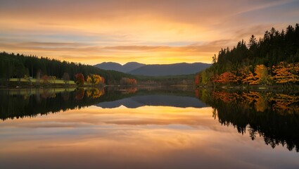 Lake reflection at sunset with autumn foliage and mountains in the distance creating a peaceful scene