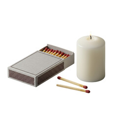 Sleek textured cardboard matchbox, slightly ajar, revealing five crimson-red tipped wooden matches beside a transparent pillar candle on a seamless transparent background, minimalist product concept