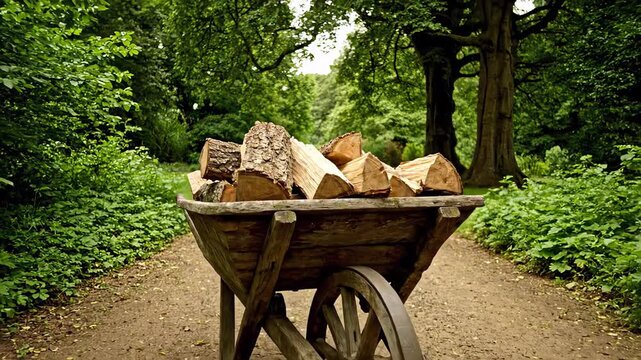 Old fashioned wooden wheelbarrow filled with chopped logs of firewood. Camera moving along a dirt path in a lush green park or forest