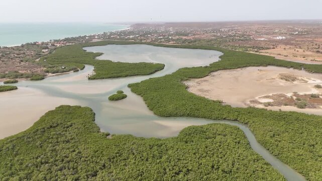Aerial view of Somone lagoon in Senegal, green mangrove surrounded by winding water channels near the Atlantic coast.