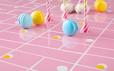 Pastel Macarons and Candy Cones on Pink Tiles Delightful Sweet Treats Background