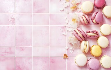 Pink Tile Background with Pastel Macarons and Ice