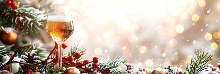 Festive winter celebration with a glass of sparkling drink surrounded by Christmas decorations and snowflakes. Place for text