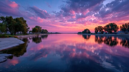 Obraz premium Dramatic Golden Sunset with Dark Clouds Reflecting on Calm Water along Shoreline with Trees and Pink Purple Sky at Dusk Landscape