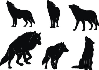 Wolf silhouette illustration collection, howling wolf vector artwork, wild canine predator clipart, forest animal graphic design, wilderness wildlife nature drawing
