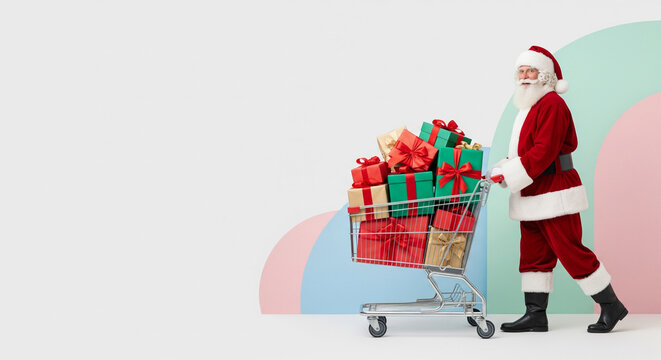 anta Claus pushing a shopping cart full of wrapped Christmas gifts, minimalist clean pastel background, festive and modern holiday style, red and white costume, natural lighting, large empty copy spac