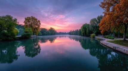 Dramatic Lake Landscape at Sunrise with Colorful Sky Reflection in Water and Trees in Foreground Serene Nature Scene
