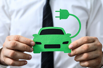 Eco-friendly transportation, electric vehicle, sustainable energy, clean energy future, businessman...