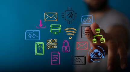 Man interacts with digital icons, representing data, network, cloud, security, and innovation.