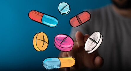 Digital illustration of various pills and capsules.  Healthcare, medicine, pharmacy concept.