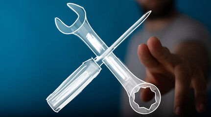 Hand reaching for digital wrench and screwdriver. Repair, maintenance, and solution concepts.