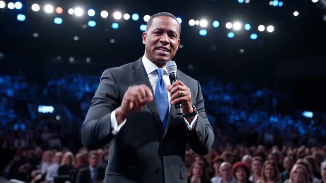 Eloquent businessman in a suit speaking with a microphone and gesturing to a large crowd during a business conference or seminar