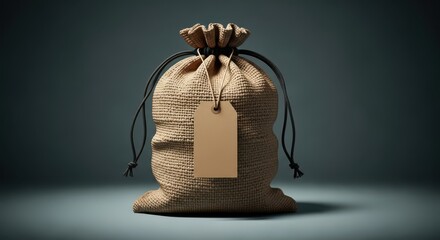 A Closed Burlap Sack with a Blank Tag Attached