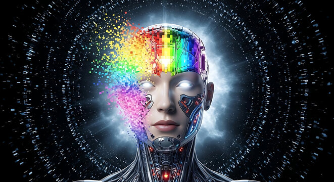 A digital cyborg head with rainbow colors and glowing eyes against a binary code background - Powered by Adobe