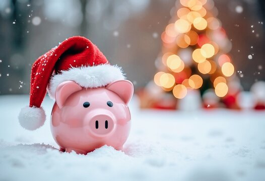 Pink piggy bank in Santa Klaus hat with gifts on table top, living room of house at background with blurred christmas eve and lights. Holiday card concept, place for text.