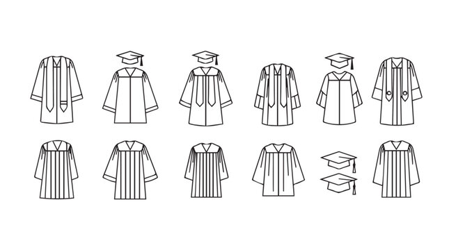 Collection of graduation gowns and caps in diverse styles for academic achievement celebrations vector