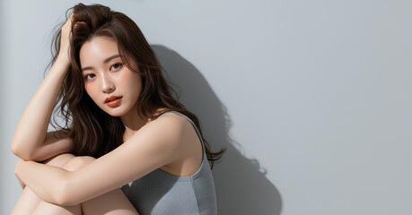 ナチュラルな美しさの女性が床に座るビューティーポートレート