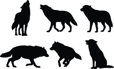 Wolf silhouette illustration set, howling wolf vector artwork, wild canine predator clipart, forest animal graphic design, wilderness wildlife nature symbol