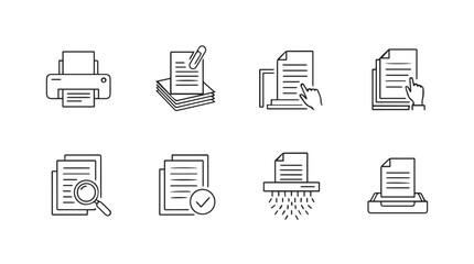 Set of document processing icons featuring printing scanning editing searching shredding and filing vector
