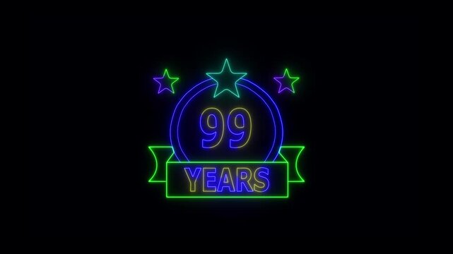 99 Years Anniversary Celebration Neon Sign with Stars and Glowing Banner Highlighting Milestone Achievement and Success.