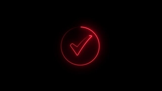A vibrant red neon check mark icon on a black background, representing approval, verification, and positive confirmation in a visually striking manner