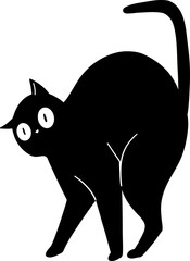 Black cat with wide eyes and arched back