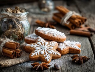 Fototapeta premium Christmas gingerbread cookies with icing decoration