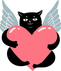 Black cat with wings holding a pink heart