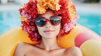 Woman in Flower Crown Relaxing on Pool Float