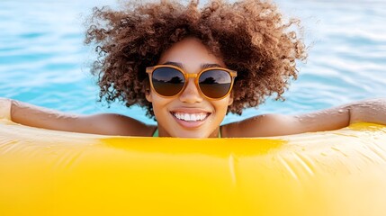 Happy Woman in Pool with Inflatable Ring Summer Fun