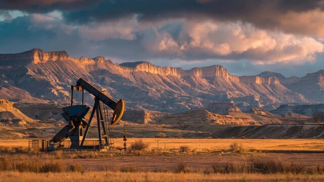 An oil pump works against a stunning backdrop of mountains and a dramatic sky during sunset. This remote desert area showcases natural beauty and industrial activity
