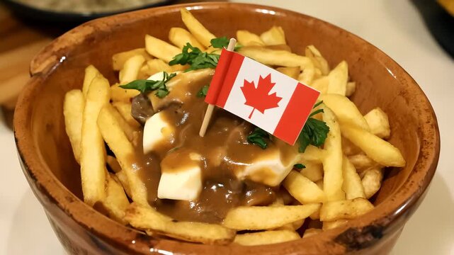 Hot Canadian poutine with fries, cheese curds and rich brown gravy served in a rustic bowl with a small Canadian flag, close up food video with steam rising in cinematic style