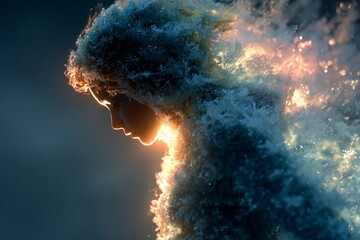 Radiant figure emerges from a mystical ocean of light and water, embodying the beauty of nature in a serene and enchanting atmosphere