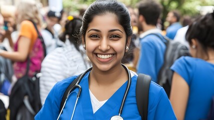 Smiling young female medical student in blue scrubs
