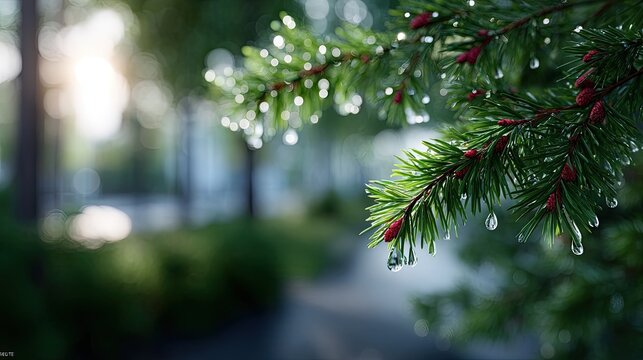 Close Up of Green Pine Tree Branch with Red Buds and Dew Drops in Sunlight
