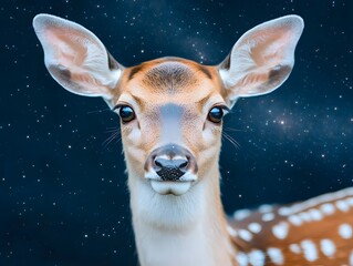 Adorable Fawn Close Up Against Starry Night Sky