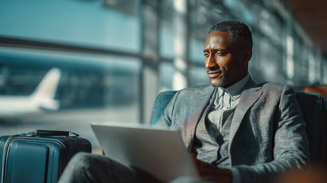 Businessman in stylish suit working on laptop in modern airport lounge, showcasing productivity and comfort during business trip with copy space - Powered by Adobe