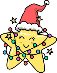Cute Star Wearing Santa Hat with Lights Illustration