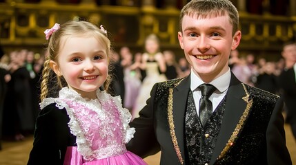 Smiling Girl and Boy in Formal Wear at a Ball