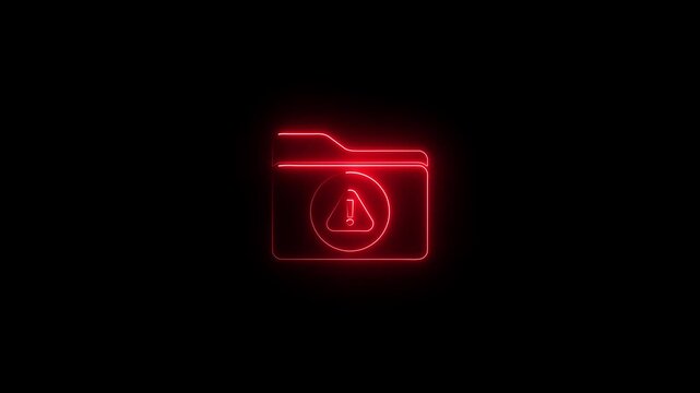 Glowing red neon folder error icon animation on black background, seamless loop abstract technology concept with exclamation mark inside triangle.