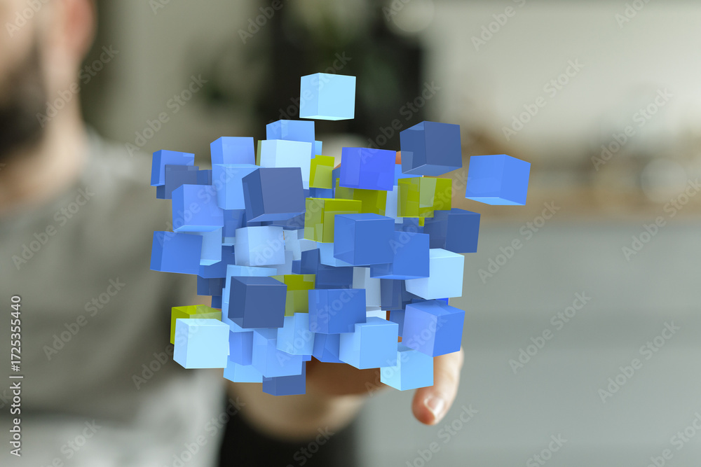 Poster abstract image of a person interacting with digital data cubes. perfect for tech, innovation, and da