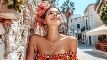 Beautiful Woman in Floral Headband, Summer Fashion in European City