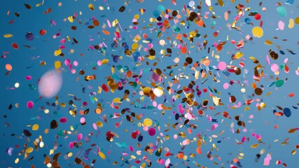 Colorful confetti cascades down in vibrant shades of pink, gold, and blue. This joyful display adds excitement to any celebration or festive occasion, bringing cheer and fun - Powered by Adobe