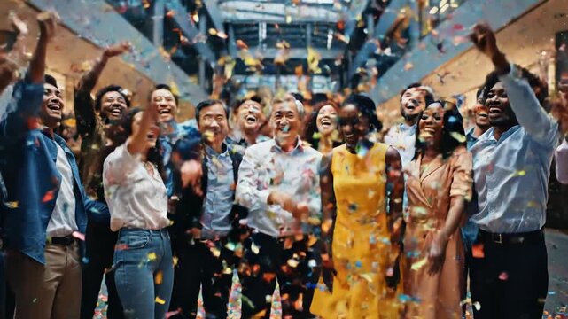 Group of happy multicultural business people celebrating a success. Enthusiastic colleagues cheering and laughing together under a shower of confetti