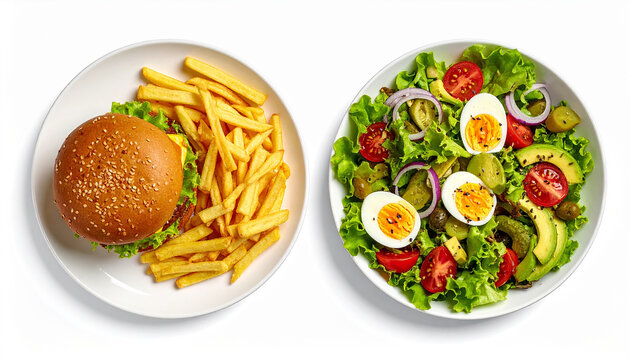 Fotograf&iacute;a cenital de dos platos contrastados: una ensalada fresca con verduras y vegetales saludables frente a una hamburguesa con patatas fritas, s&iacute;mbolo visual de la elecci&oacute;n alimenticia