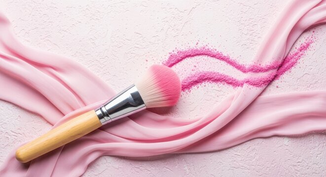 Soft Pink Makeup Brush Creating Artistic Heart Shape on Fabric Background