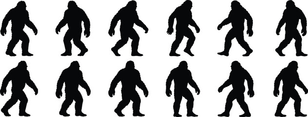 Bigfoot silhouettes, Sasquatch icons, cryptid figures, mythical creature, folklore design, walking poses, mystery art, legend outline, vector illustration