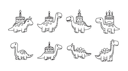 Cute dinosaur birthday cake icons set festive celebration elements for kids party designs vector © MstMili